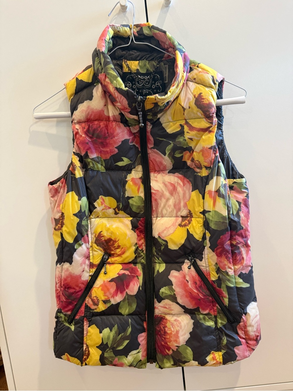 ANORAK Floral Quilted Puffer Vest - Black with Yellow & Pink Blooms